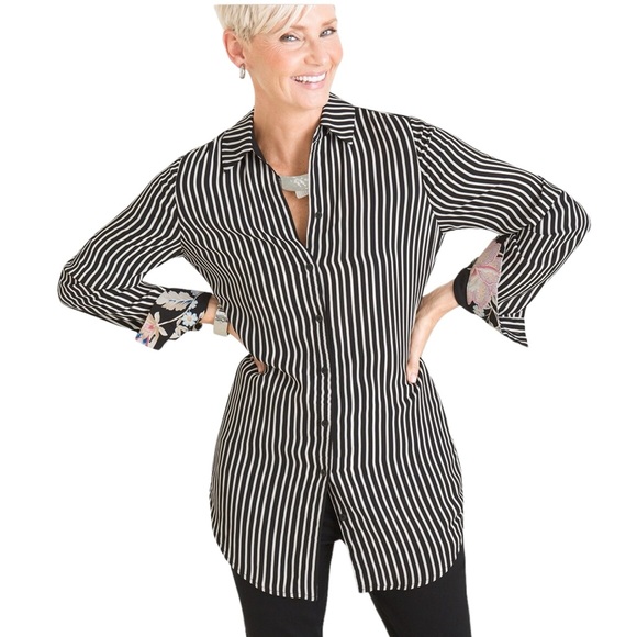 Chico's Reversible Long Sleeve Black Stripe Floral Button Up Blouse. - Picture 13 of 16